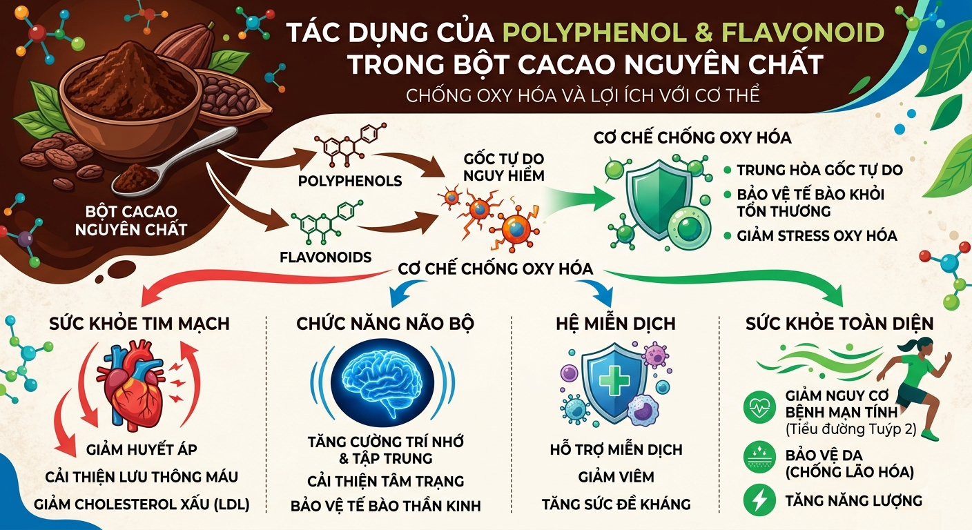 Bột cacao nguyên chất chứa flavonoid và polyphenol giúp chống oxy hóa chống lão hóa